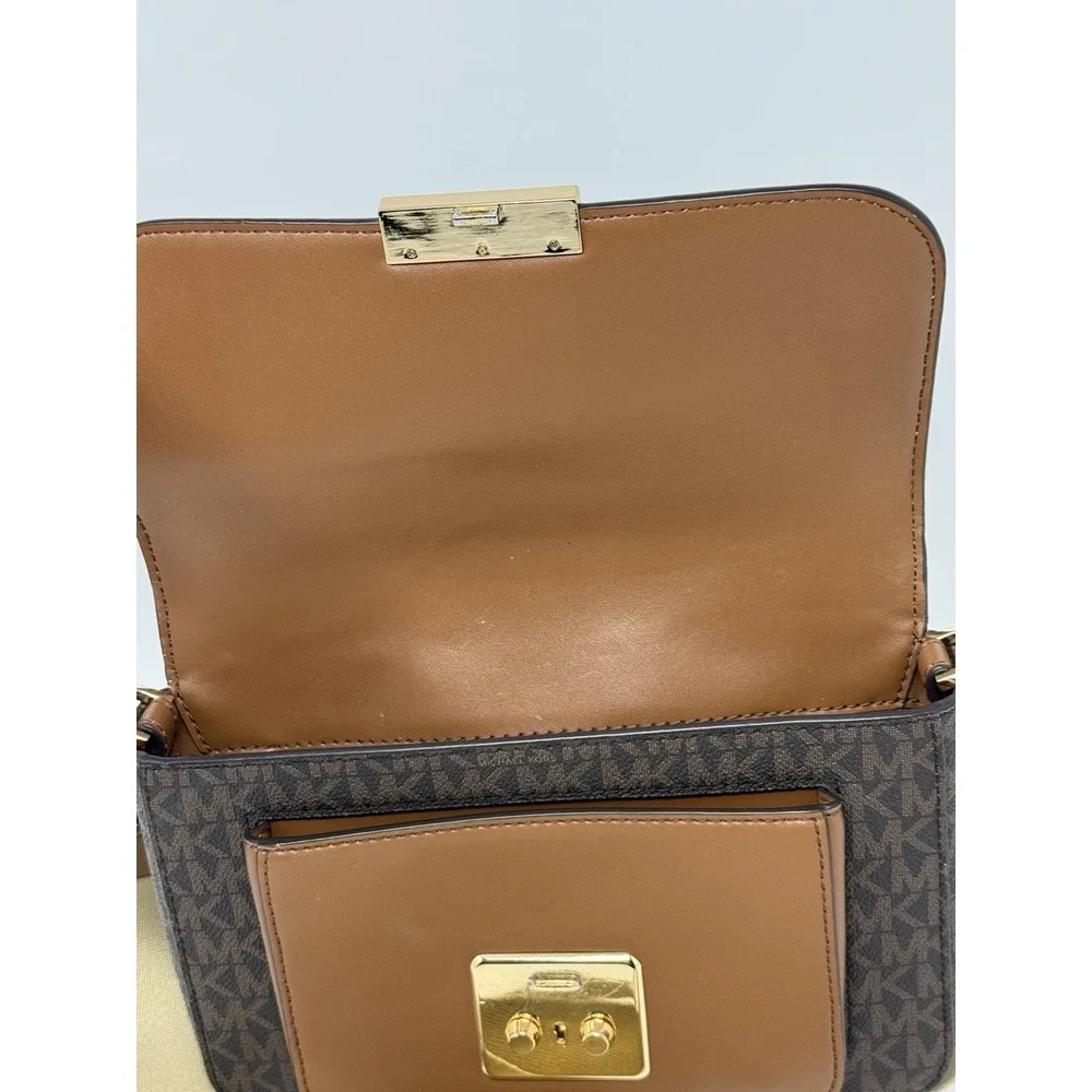 MICHAEL KORS SLOAN EDITOR BROWN MK MEDIUM FLAP CENTER STRIPE MESSENGER BAG